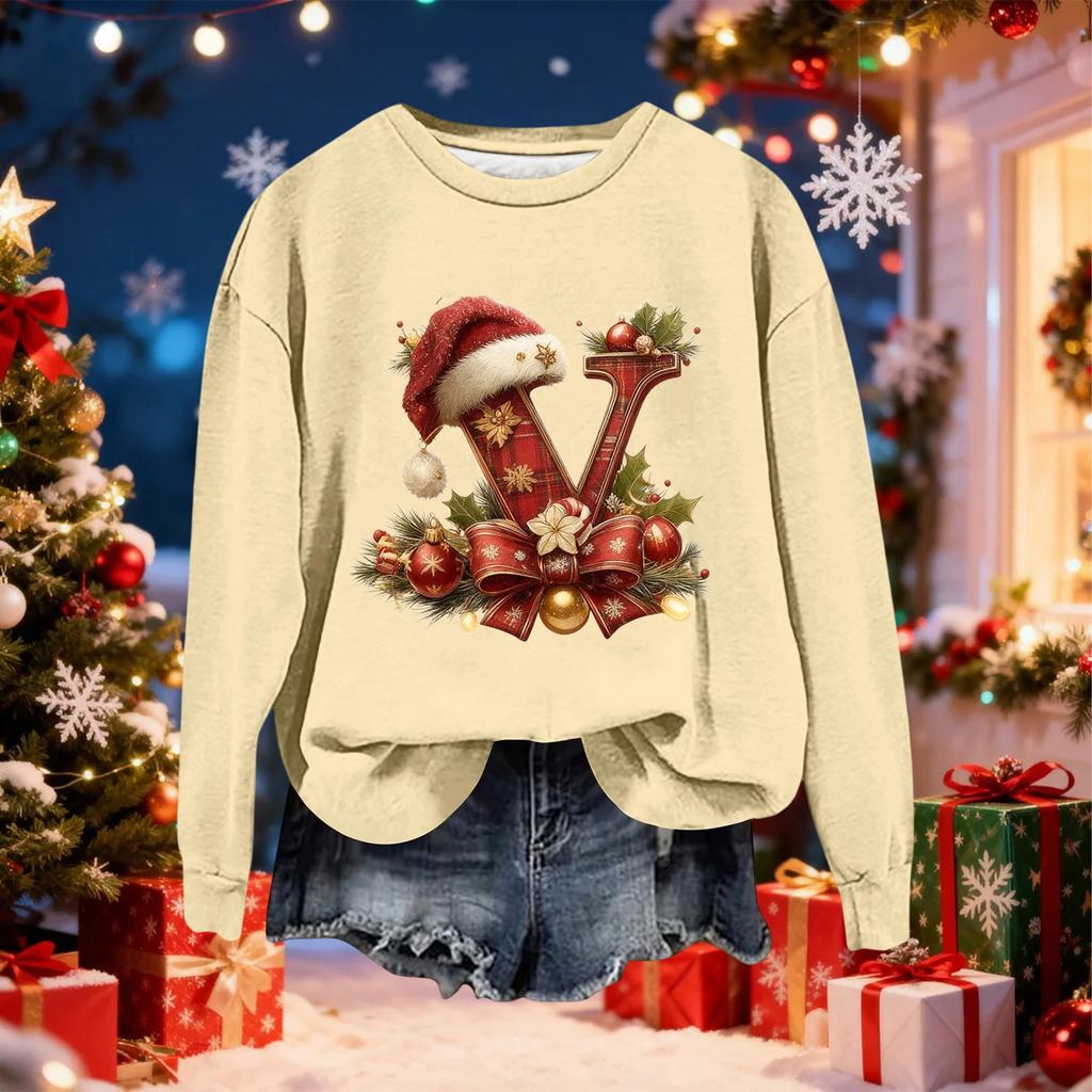 Women's Fashionable Casual Long-Sleeved Christmas Letter Print Crew-Neck Sweatshirt