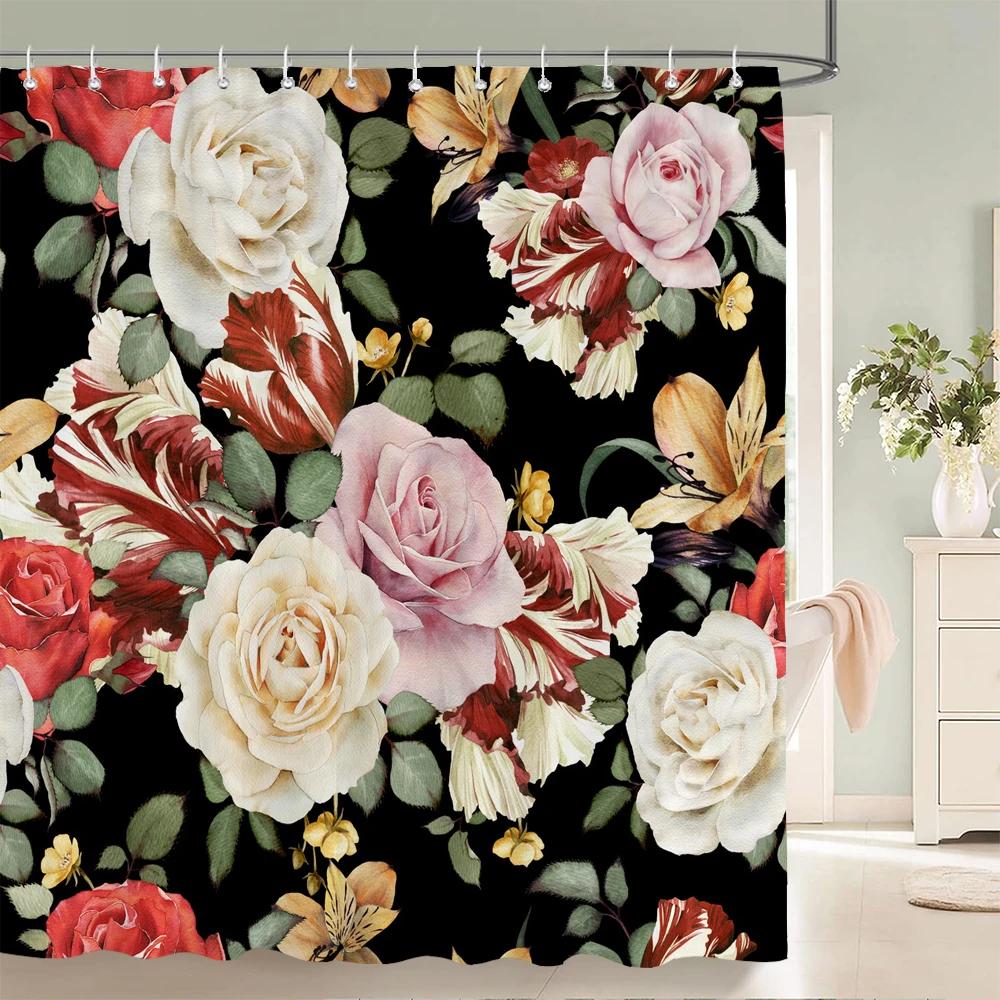 Elegant Floral Flowers Retro Rose Shower Curtain Polyester Bath Curtain Bathroom Decor Washable With Hook