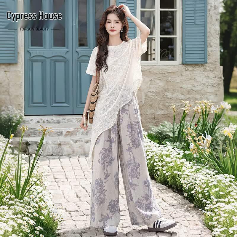 Women s Stylish Summer Round Neck Two-Piece Set XXL