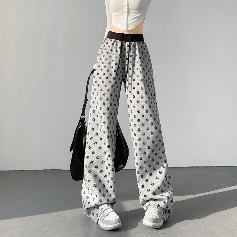 

Женские широкие брюки с высокой талией и завязками на весну. Новые прямые брюки с принтом в горошек. Свободные повседневные спортивные брюки. L серый
