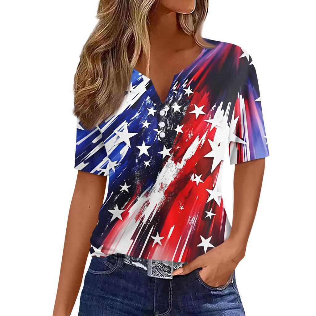 Women's T Shirt Independence Day Print Button Short Sleeve Daily Weekend Fashion Basic V- Neck Regular Top