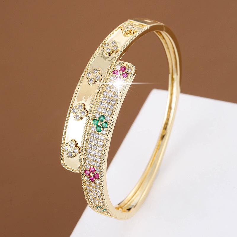 Korean Four-Leaf Clover Bracelet with Colored Zirconia Flowers - Elegant Copper Jewelry for Women