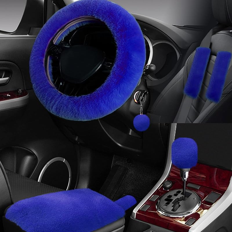 7PCS Set Car Interior Aesthetic Accessories, Fluffy 15 Inch Steering Wheel Cover, Armrest Pad, Seat Belt Cover,Gear Shift Cover, Fit Girly Car