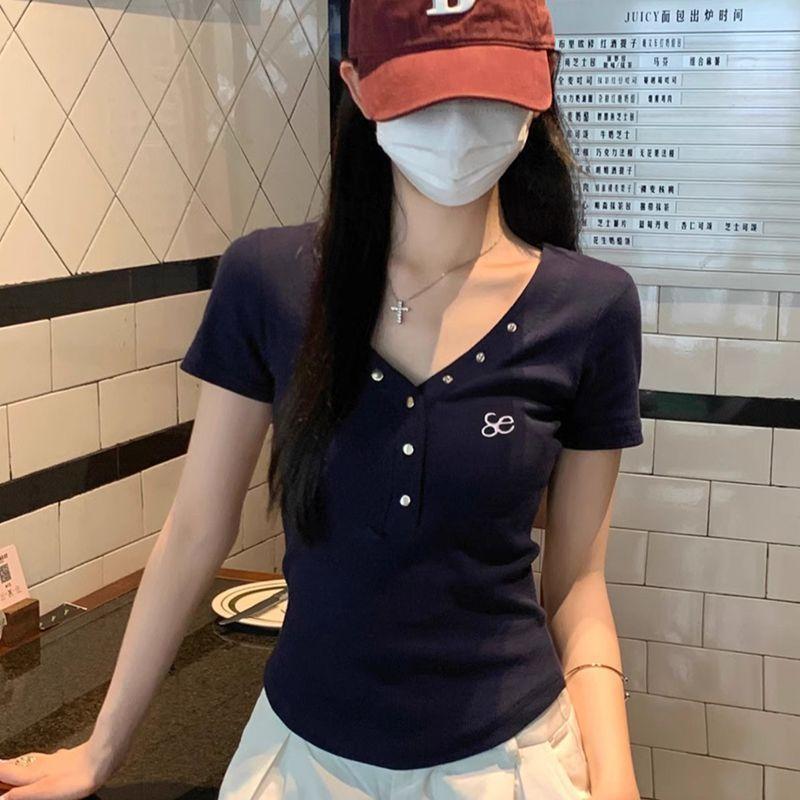 Summer New Navy Blue V-neck Front Shoulder Nail Buckle Slim and Thin Short-sleeved T-shirt Women's Design Versatile Top