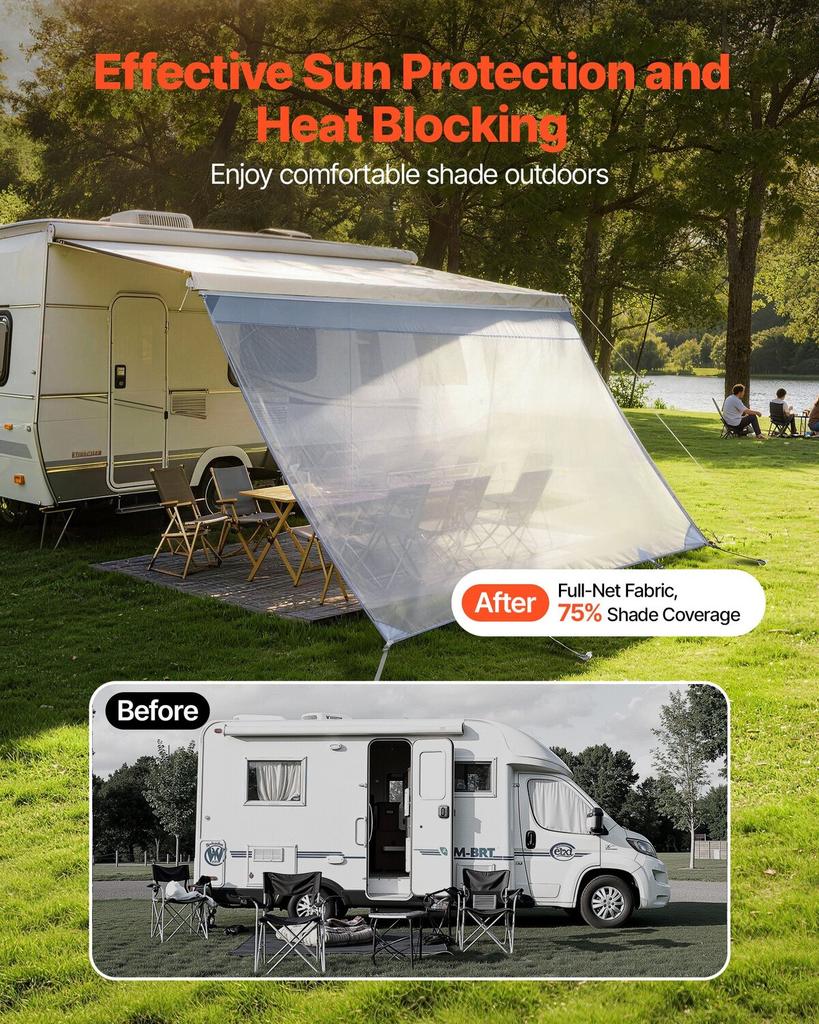 RV Awning Sun Shade Screen, 2 x 3.3 m Polyester Mesh Sun Shading Screen (Fits 3.5 m Awnings), Double-Stitched Breathable Sunscreen for RVs Travel and