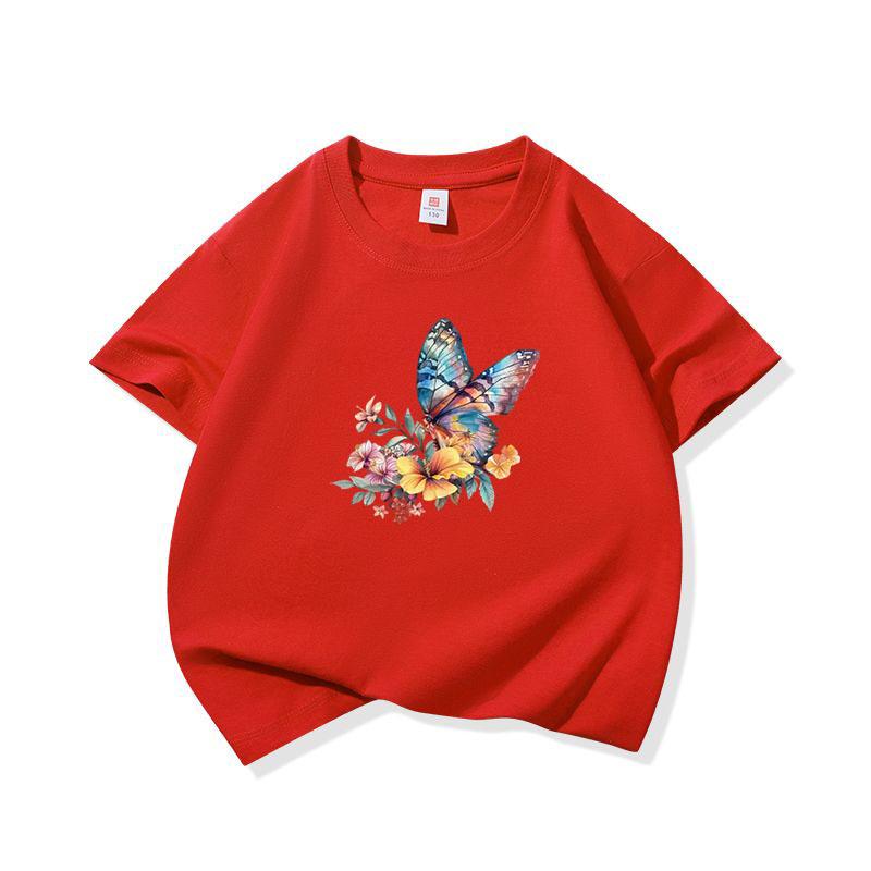 Kids Cotton T Shirt Watercolor Butterfly With Floral Bouquet Print Crew Neck Short Sleeve Tee Casual Boys Girls Summer Tops