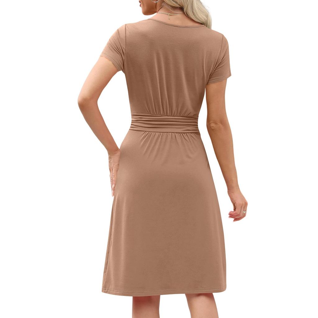 Women's Casual Fashion Round Neck Pleated Short Sleeve Solid Color A-Line Midi Dress