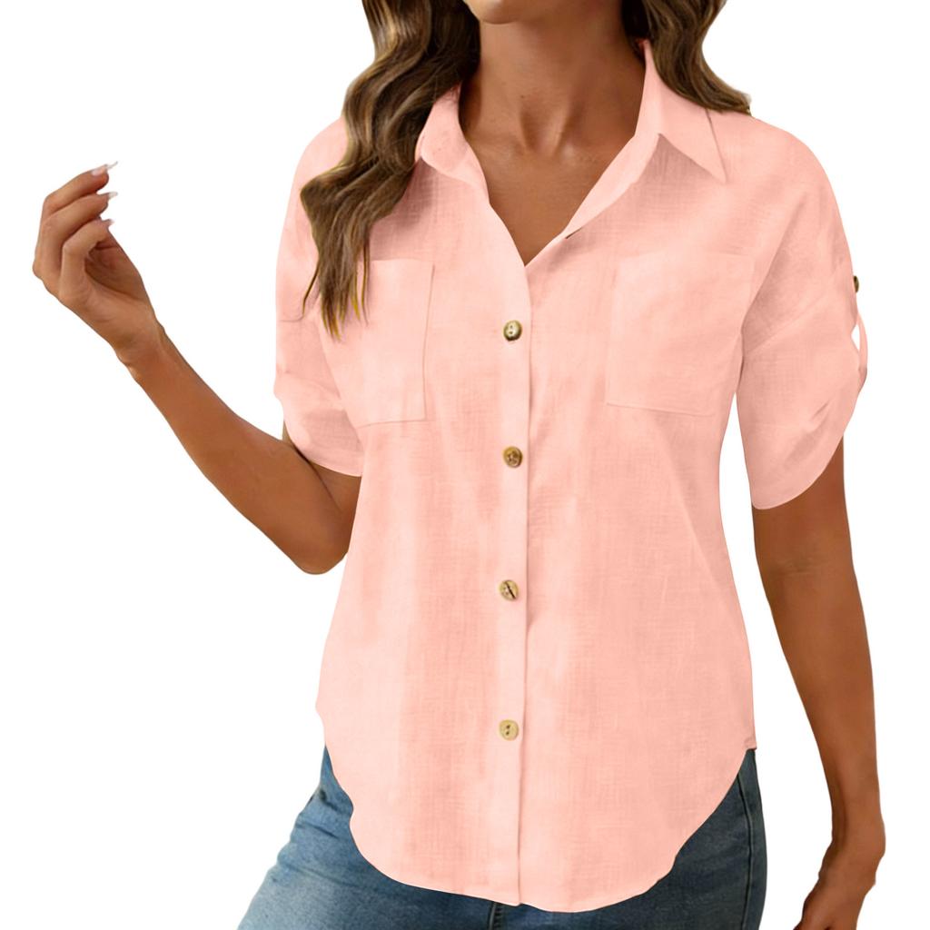 Women's Fashion Casual -Colour Short-Sleeved Buttoned Pocket Cardigan T-Shirt Top