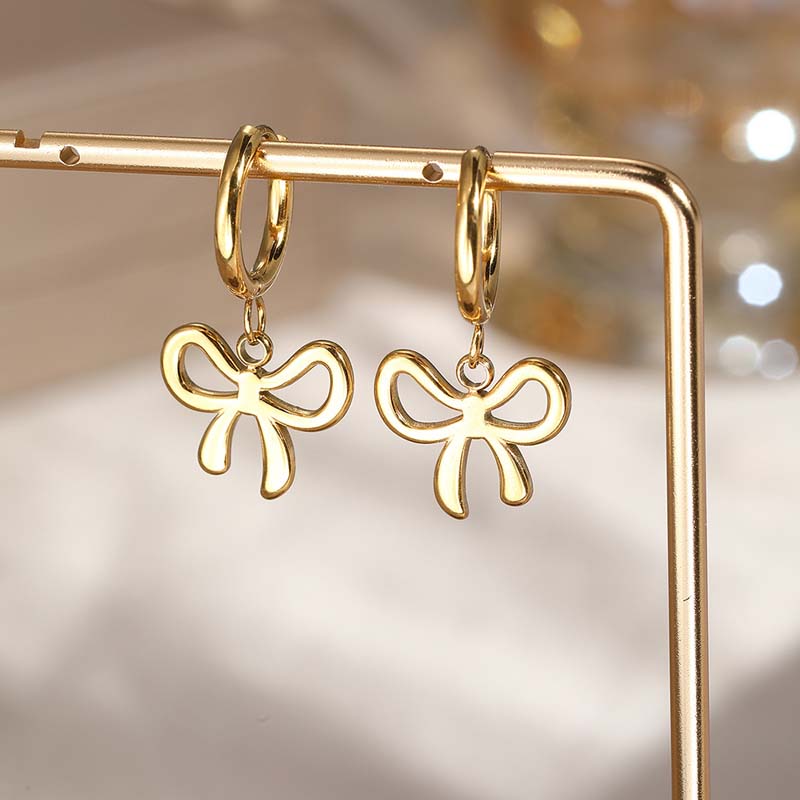 Stainless Steel Gold Color Bowknot Dangle Earrings For Women Fashion Metal Bow Temperament Earrings Zircon Gifts