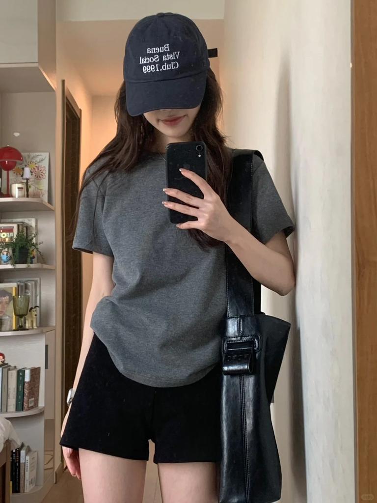 Basic Shoulder Pure Cotton T-shirt Women's Summer Casual Versatile Korean Version Gray Short-sleeved Ins Trendy Thin Loose Top