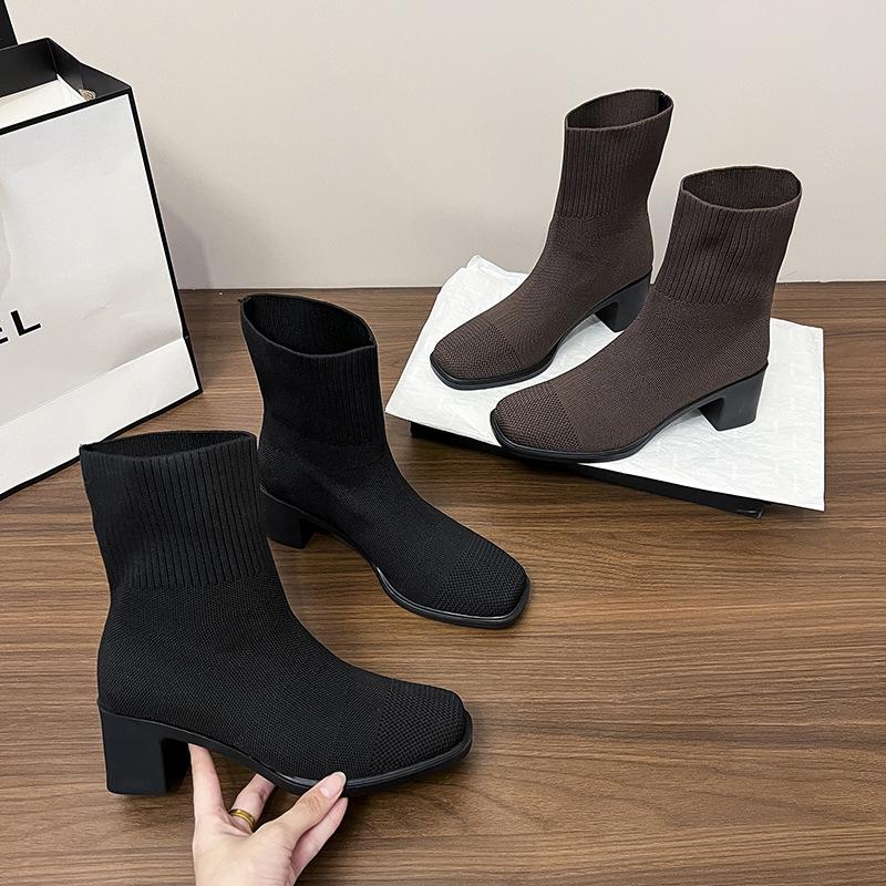 New Medium Socks Boots Pointed Fly-woven Short Boots Waterproof Table Heightening Boots Japanese Princess Boots Fashion Boots