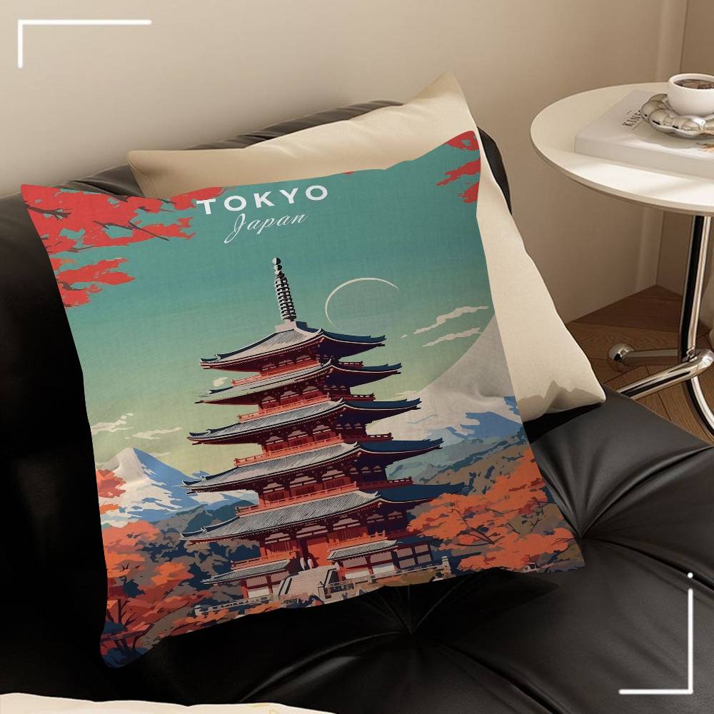 Vintage Japan Tokyo Japanese City Landscape Canvas Cushion Cover Pillow Cover Decor Pillowcase Printed Cushion Case For Couch