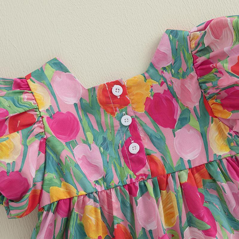 Baby Girl Floral Dress Summer Short Sleeve Square Neck Bow Front Floral Print Loose Dress Toddler Casual Dress
