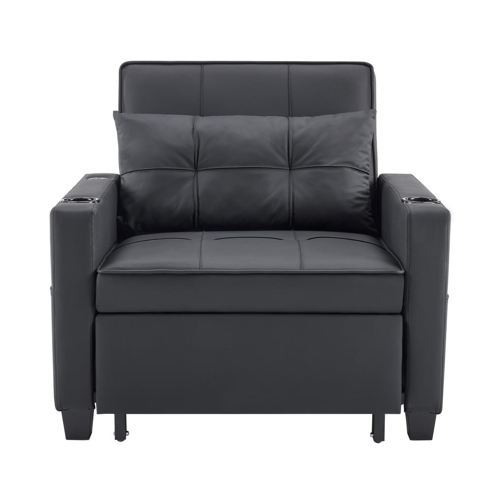 3-in-1 Extendable Single Sleeper Sofa – With Cup Holders and USB Port, Sofa Lounge Chair, Sleeper Chair, Armchair, Perfect for Small Rooms