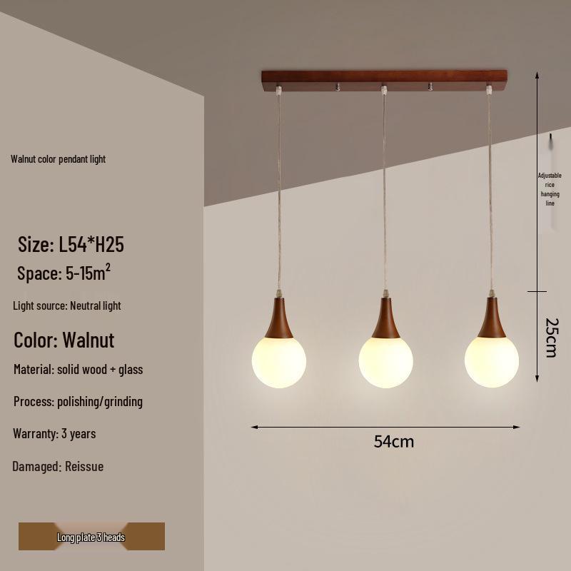 Modern Solid Wood Pendant Lamp with Three Heads, Walnut Finish, Japanese Style for Dining Rooms and Bars.