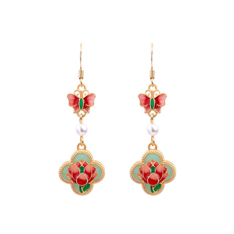 925 Silver Enamel Painted Butterfly & Flower Earrings - Retro Chinese Qipao Style for Women