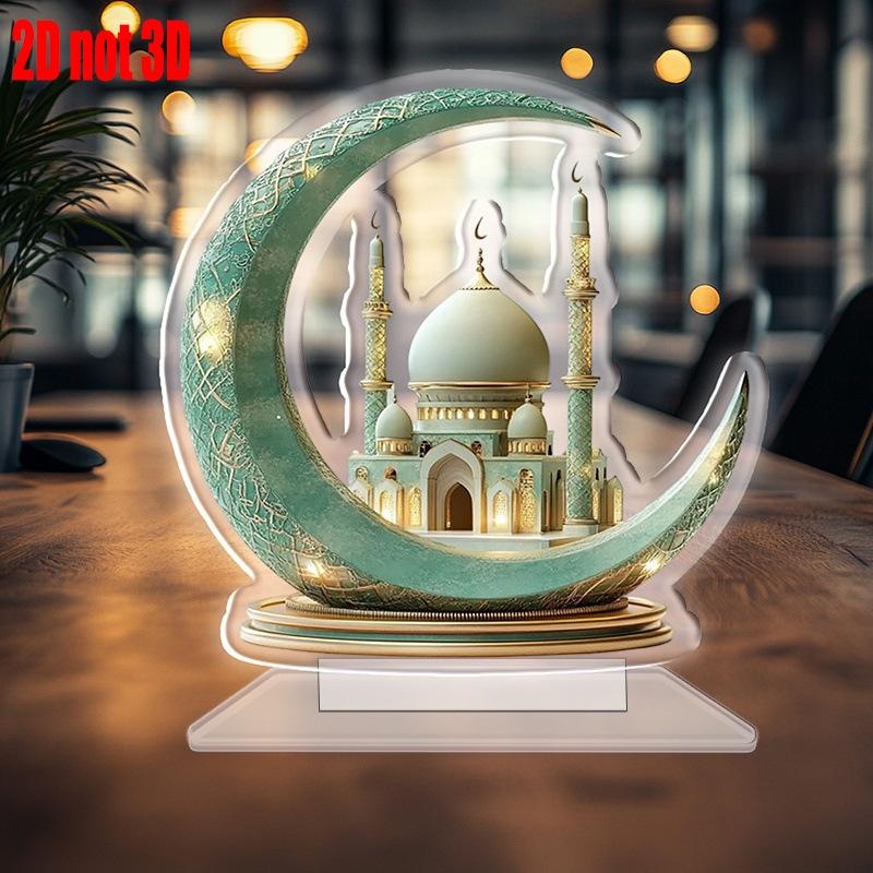 2D Acryl Halbmond Schloss Ornament Ramadan Festival Dekoration Eid Al-Fitr Mubarak Islamisches Tischschild Heim Party Events Dekor