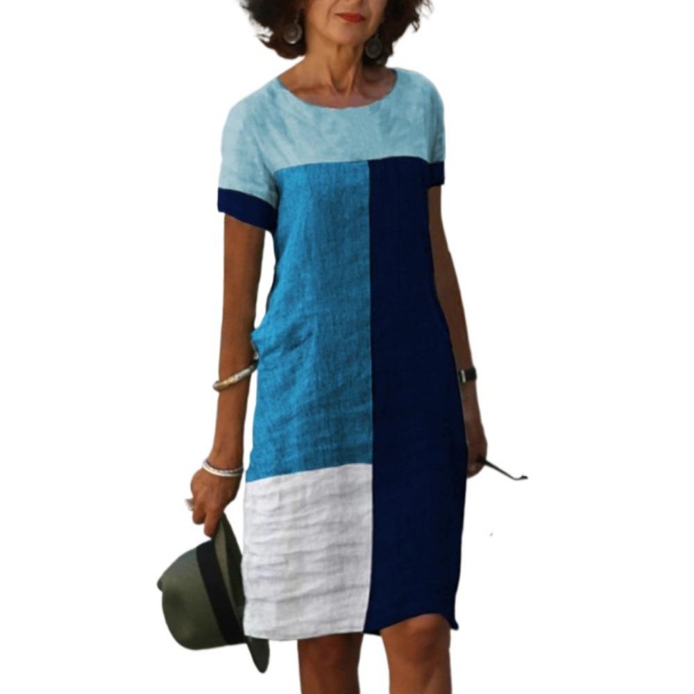 GMXIA Women's Fashion Summer Spring Colour Block Print Short Sleeve O-Neck Casual Dresses