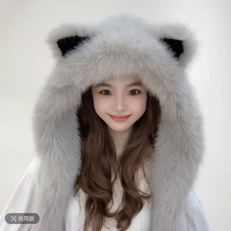 

Шапка с лисьими ушками из утолщенного плюша, женский шарф с перчатками, интегрированный сезон, защита шеи от холода и тепла, показывает маленькое лицо