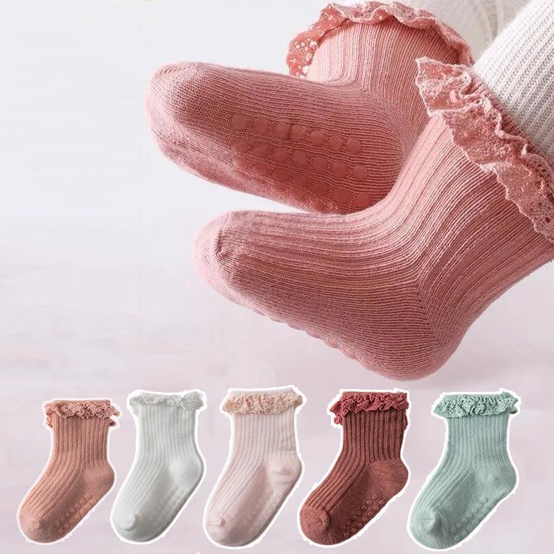 Baby Süße Spitze Mädchen Socken Anti-Rutsch Klebepunkt Einfarbig Baumwolle Säuglingsmädchen Socken Atmungsaktiv Kinder Mädchen Bodensocken