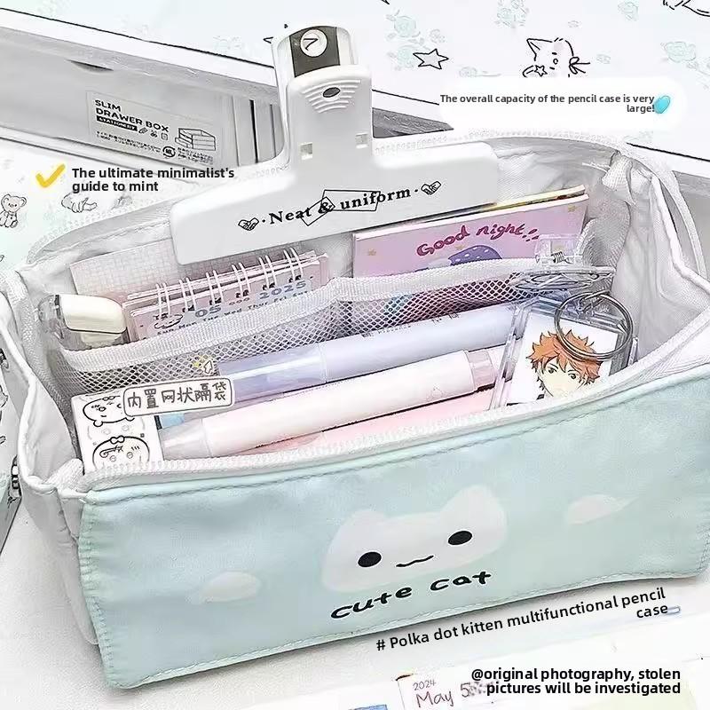 Dot Pattern Cat Pencil Case With Large Capacity For Students And Office Use