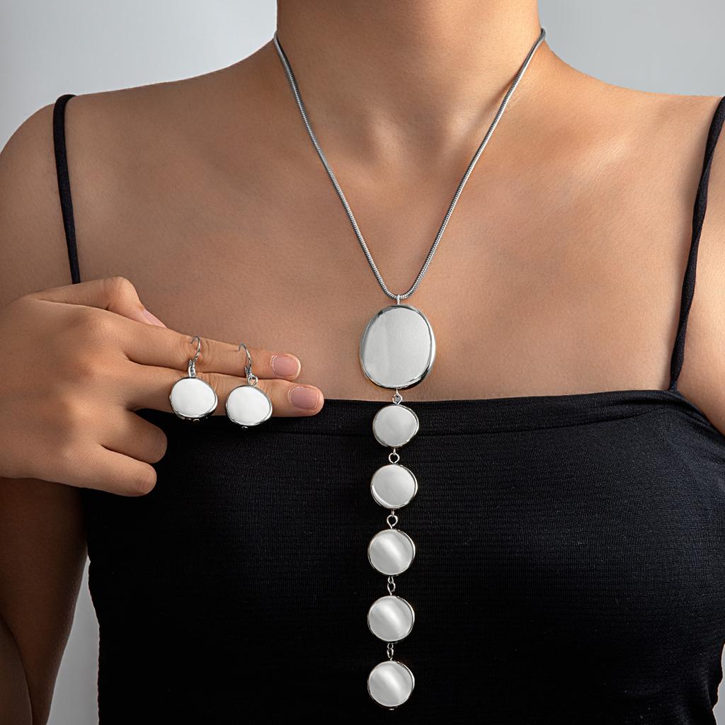 Personalized Fashion Round Pendant Long Women's Necklace Earrings Geometric Smooth CCB Jewelry Set