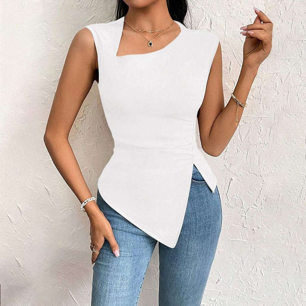 Ladies' Summer Elegant Fashion T-shirt Slant Neck Short Solid Color Top