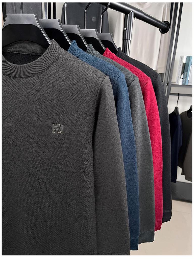 Men's Thick Plush Fleece Knit Top - Round Neck, Warm Base Layer for Winter/Autumn