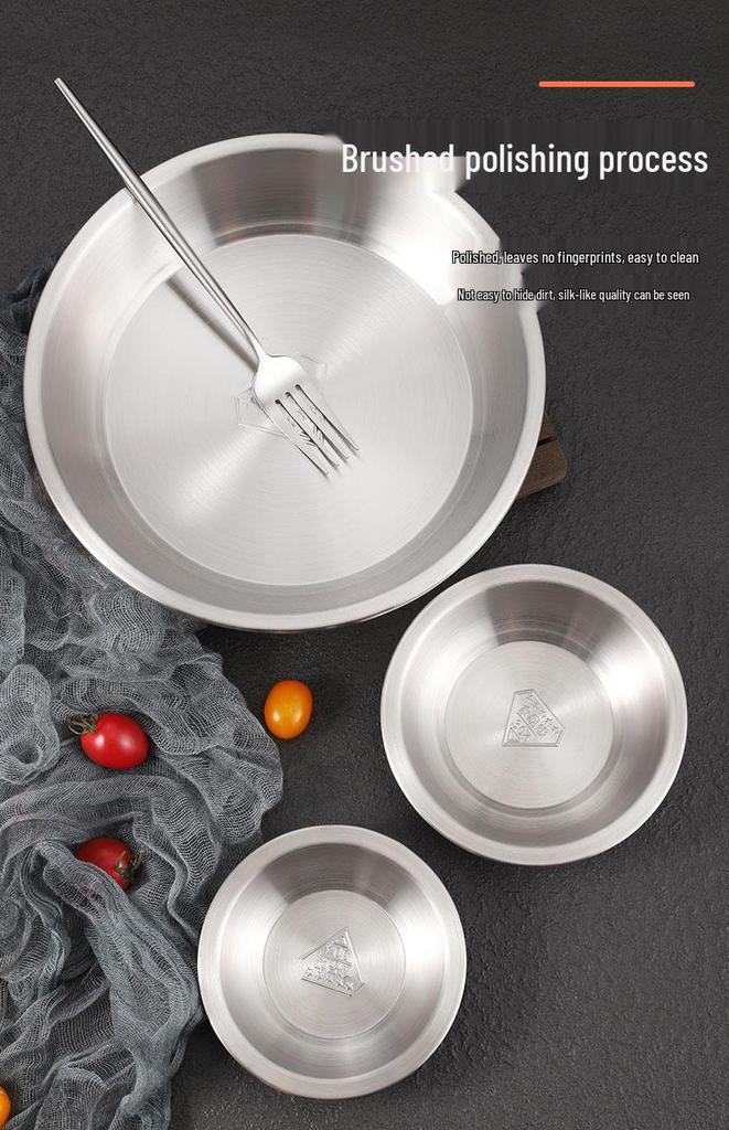 304 Stainless Steel Deepened Vegetable and Dinner Plate, Thickened Flat Bottom for Soup and Fish, Brushed Finish