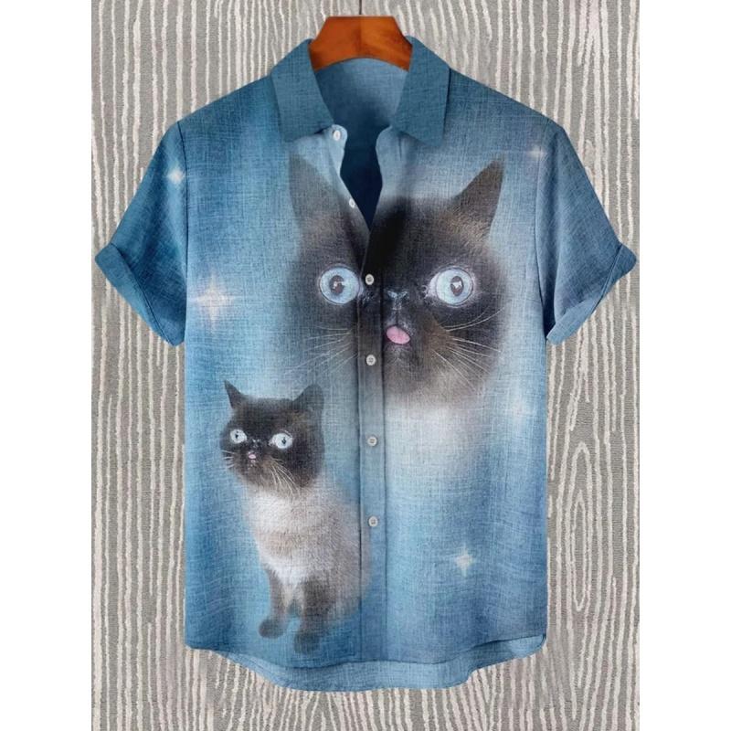 3D Printed Fun Cat Fish Hawaiian Shirt for Men Cute Animals Pattern Aloha Shirts Summer Short Sleeve Tops Street