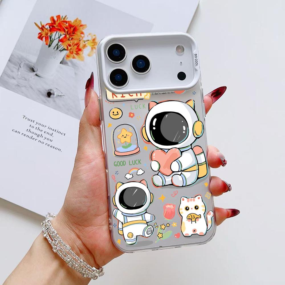 Cute Cartoon Astronaut Phone Case For iPhone 17 16 15 14 13 12 11 Pro Max Air Matte Laser Aurora Shockproof Funda
