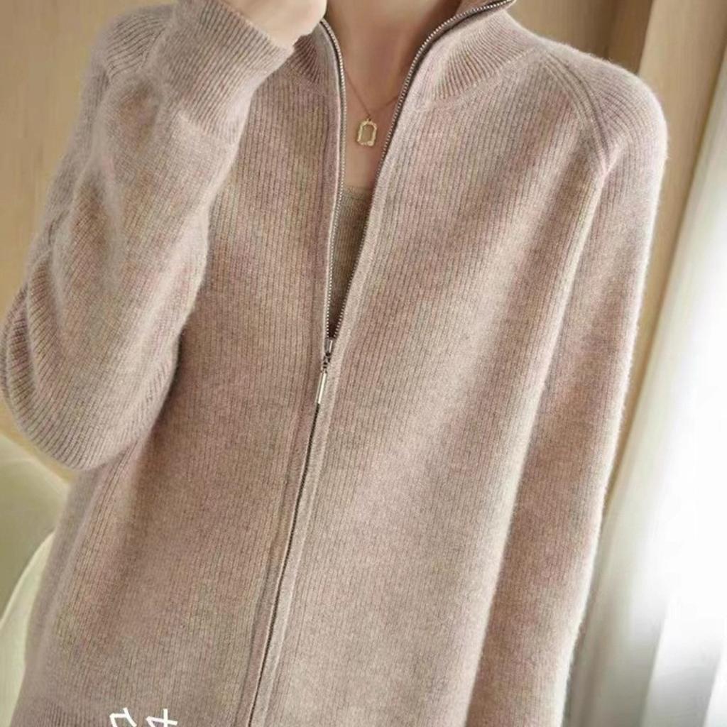 Autumn and Winter Solid Color Zipper Jacket Knitted Sweater Cardigan Women's Standing High Neck Loose Slimming Knitted Sweater Spring