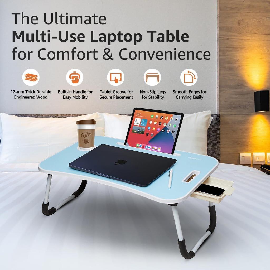 Engineered Wood Foldable Laptop Table with Cup Holder, Tablet Groove and Mini Drawer (60L X 40W X 26H Cm, Blue)
