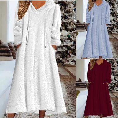 Herbst Winter Lässig Plüsch Kapuzen Langarm Kleid Für Damen Warm Hauskleidung Alltagskomfort Locker Maxi Kleider Robe Femme