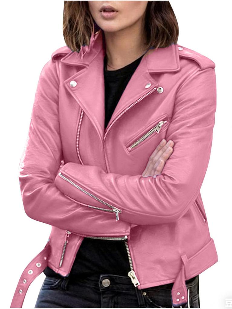 2023 Women's Slim Fit PU Leather Motorcycle Jacket - Short, Korean Style for Spring, Autumn, and Winter