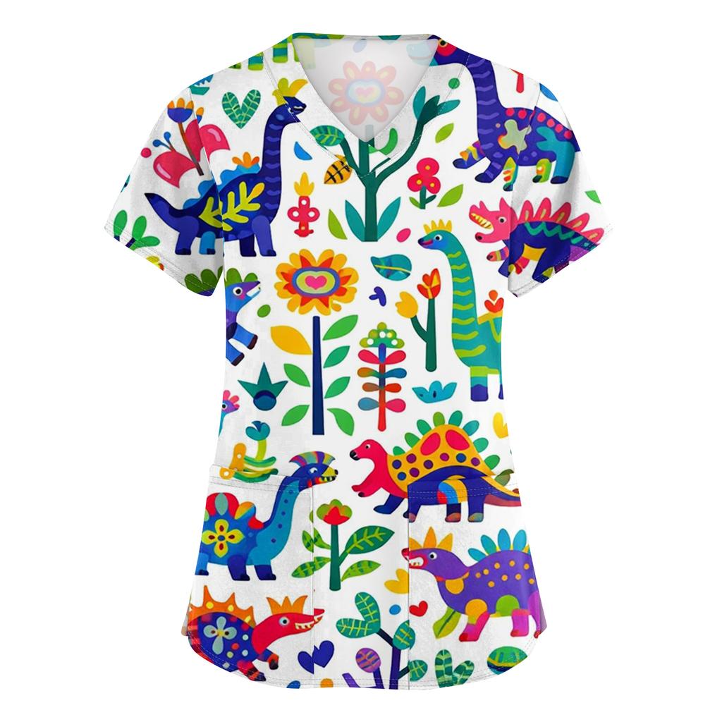 Women's Casual Short-Sleeve Cute Animal Print V-Neck Pocket Workwear Top