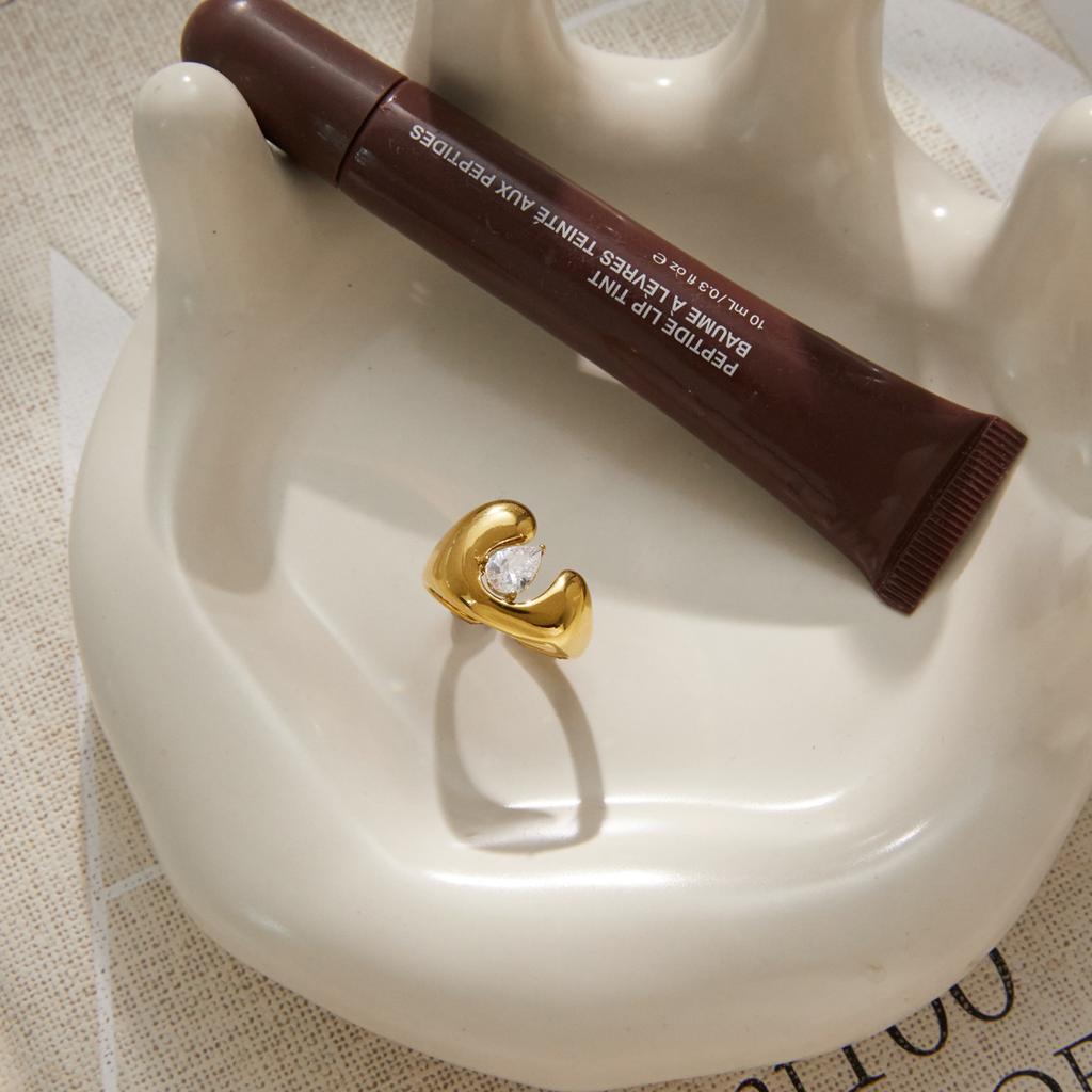 Stainless Steel Chunky Pear CZ Open Ring 18K Gold Plated Bold Statement Cuff Ring for Women Fashion Jewelry
