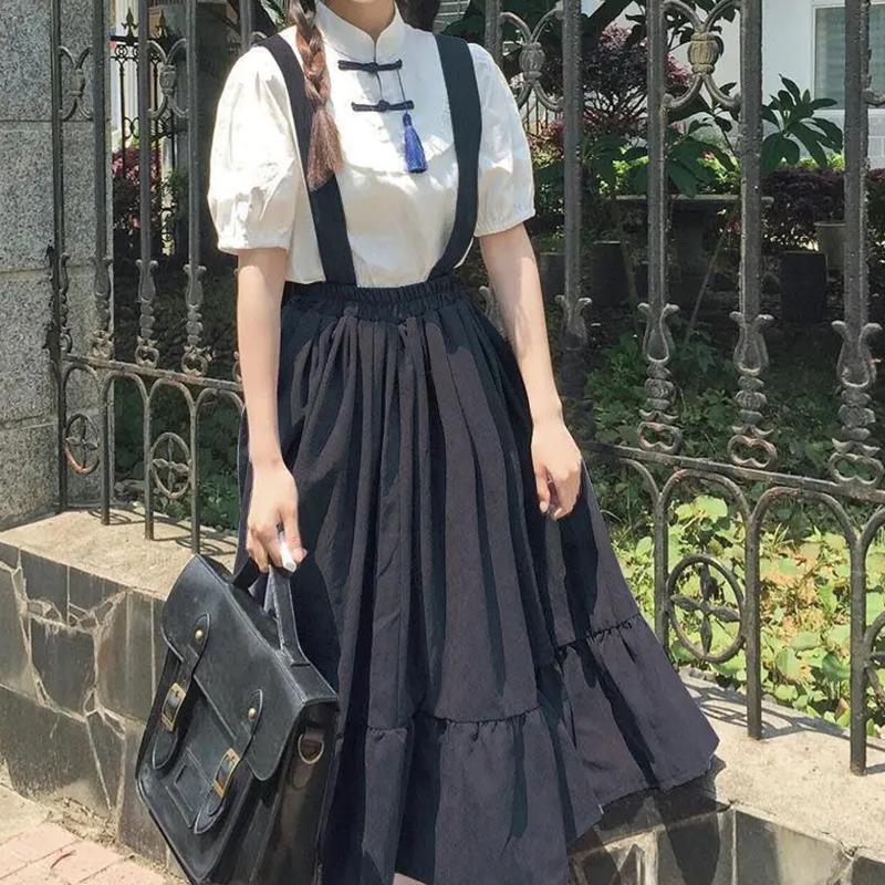 WTEMPO Girl's Sweet Preppy Style Strap Long Skirts Ruffles Loose Cute Student Casual Skirts Female Suspender Skirts