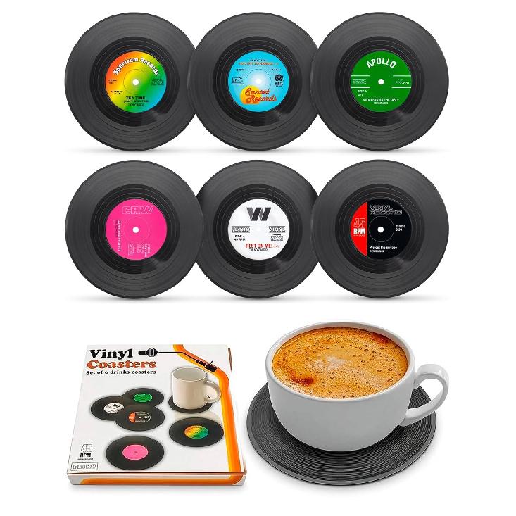 6Pcs Vinyl Record Coasters for Drinks - 4.1  Retro Gift Record Player Coasters for Desk - Durable and Heat-Resistant Mini Vinyl Records Set for 80s