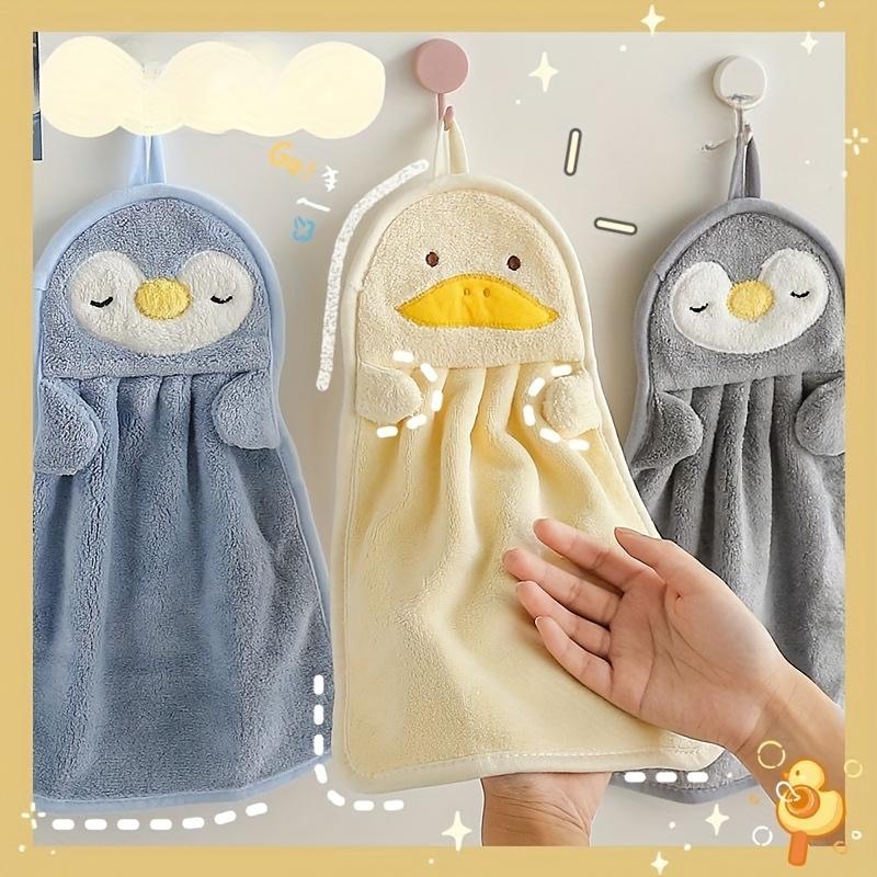 Cartoon Animal Hand Wipe Towels & Gloves - Duck & Penguin Shape, Soft Coral Fleece, Light Beige-Friendly Absorbent Lightweight Hangable