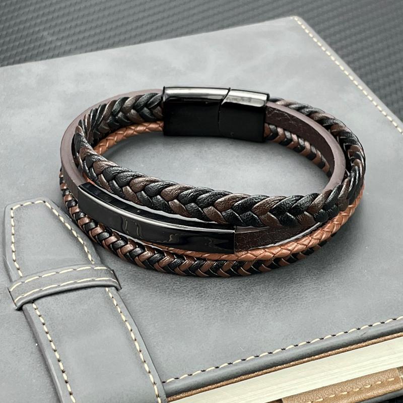 Fashion Charm Brown Men Bracelet Multilayer Leather Bracelet Punk Jewelry Stainless Steel Magnetic Clasp Bangles Boho Bracelet