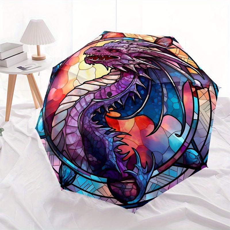 Stained Dragon Window Panel - Vibrant Fantasy DesignUmbrella, Portable 3-Fold Compact Umbrella,Christmas Gift ES511