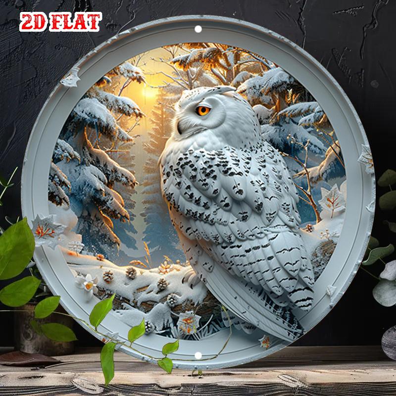 D Flat Metal Sign Retro Vintage Snowy Owl in Winter Forest Metal Wall Art Rustic Arctic Wildlife Round Tin Plaque Cozy Lodge