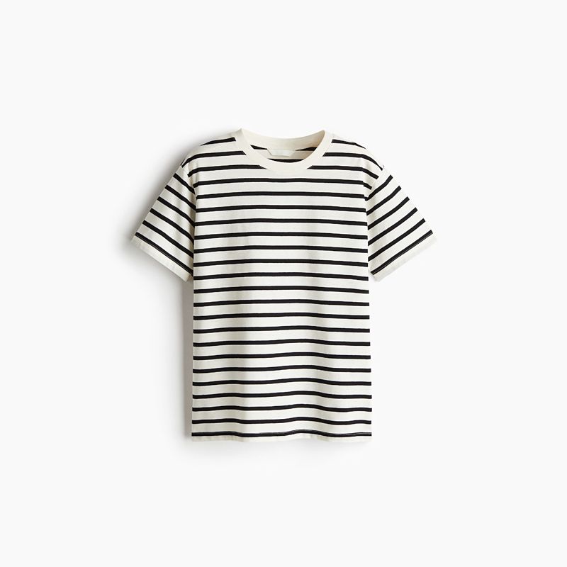 

HM Women s t-shirt 2025 Summer New Loose round Neck Simple Soft Jersey Cotton Short sleeve Top 0963662 Cream/Stripes 155/80(XS)