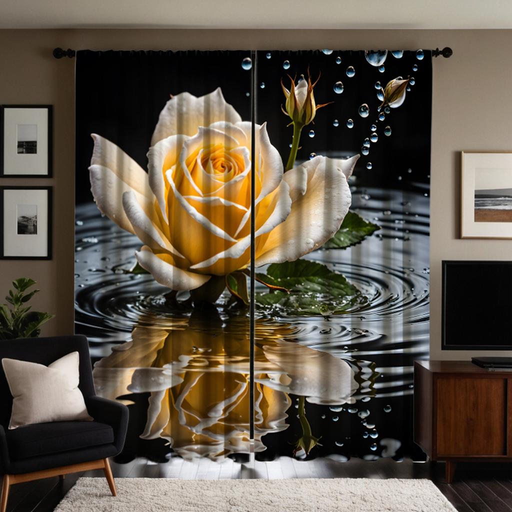 2 Stück HD Wasserrose Dekoschals Gelb digital bedruckte Vorhänge Heimdekorationsstil Dekoration Wohnzimmer Schlafzi