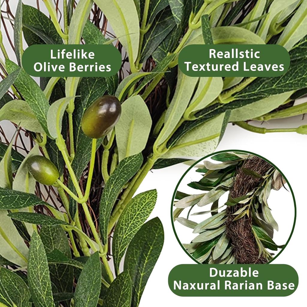 Artificial Olive Garland with Greenery Leaves – Faux Olive Wreath for Front Door, Farmhouse Wall Decor, Hanging Green Wreath for Window or Wedding
