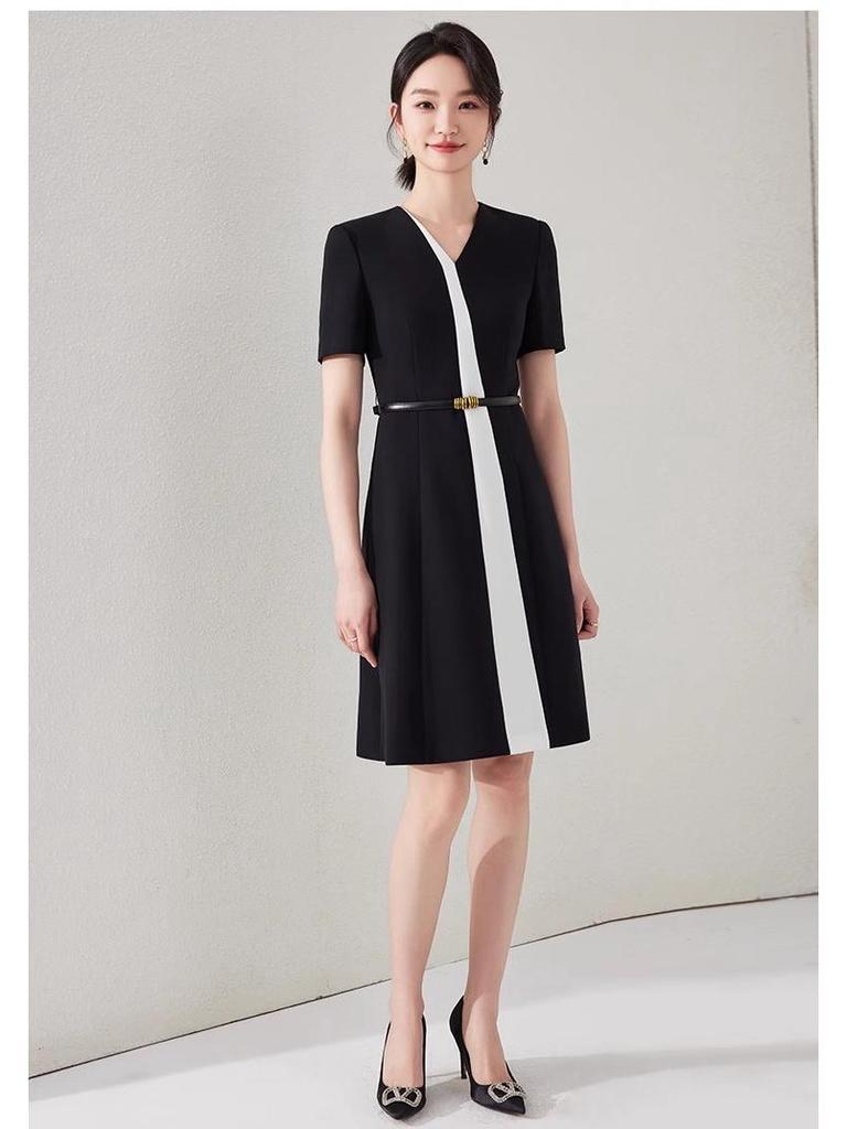 Elegant Black and White Color Block Summer Short Sleeve Dress for Work or Formal Events