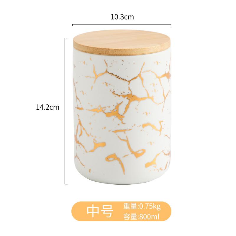 Modern Gold Plated Marbled Ceramic Jar with Wood Lid Kitchen Spice Grain Tank Candy Nut Tank Sealed Storage Jar Gift Home Decor
