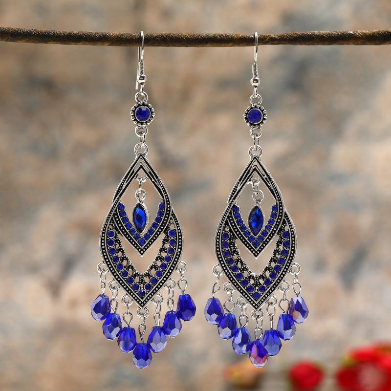 

Ethnic style retro long female temperament celebrity fringed earrings fashionable exaggerated atmosphere face thin crystal earrings