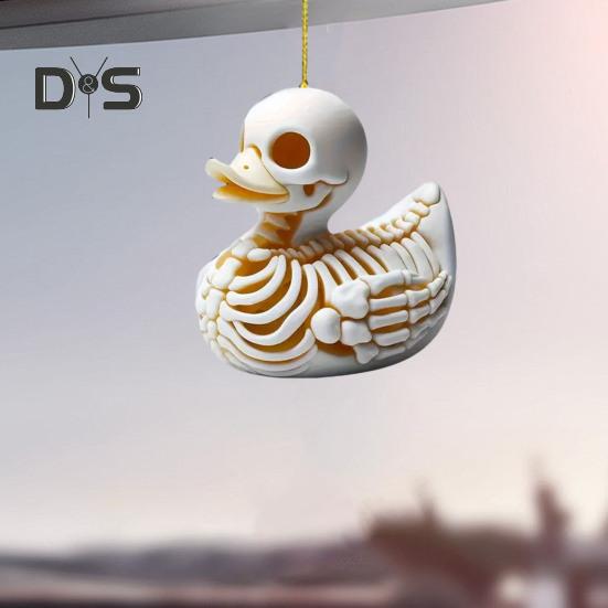 Skeleton Duck Car Mirror Hanging Ornament Cute Cat Charm Keychain Pendant Acrylic Rearview Mirror Accessories for Women Girls Halloween Decoration